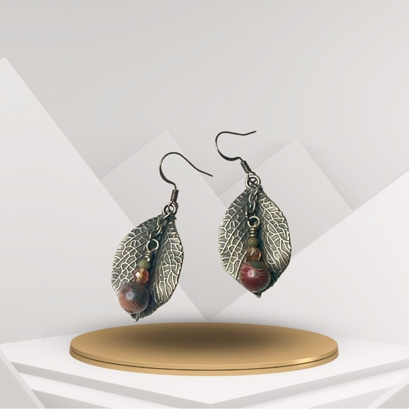 Hand crafted beaded fall leaf earrings - Picture 2 of 3